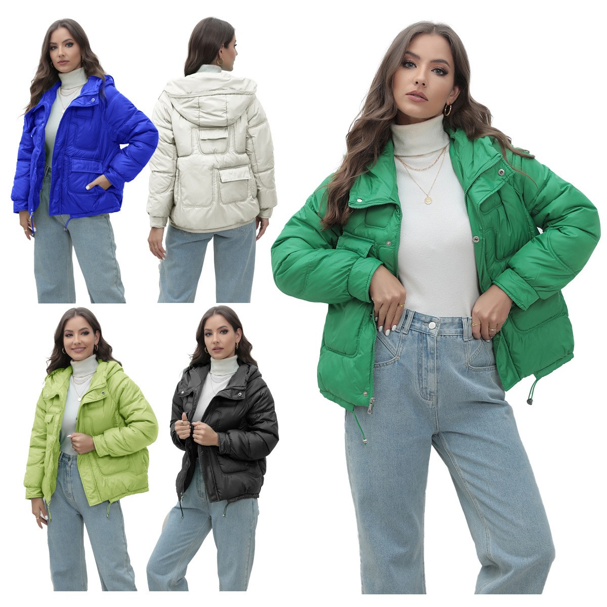 独立站欧美羽绒棉服年新款女冬加厚棉袄爆款亮色立领棉衣外套