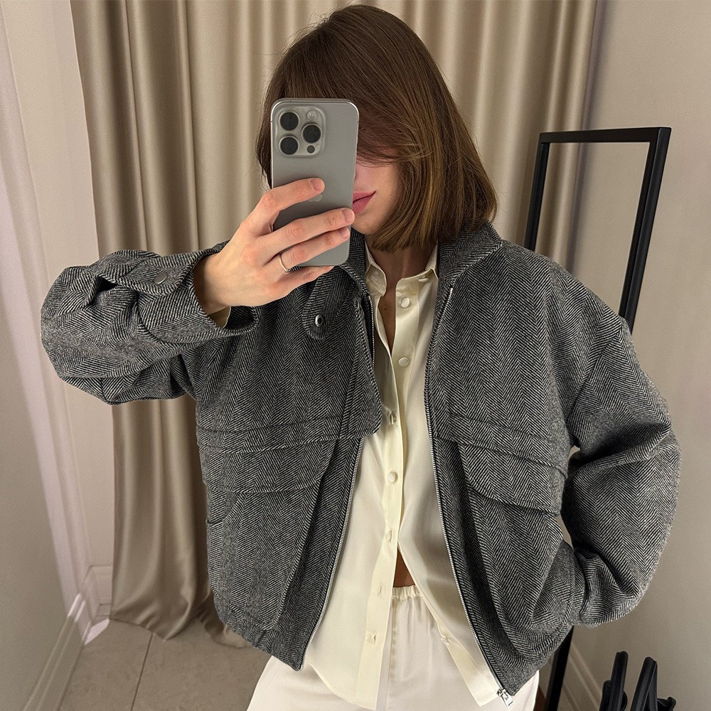 跨境人字纹立领夹克欧美年秋冬新款拉链带兜上衣宽松毛呢外套