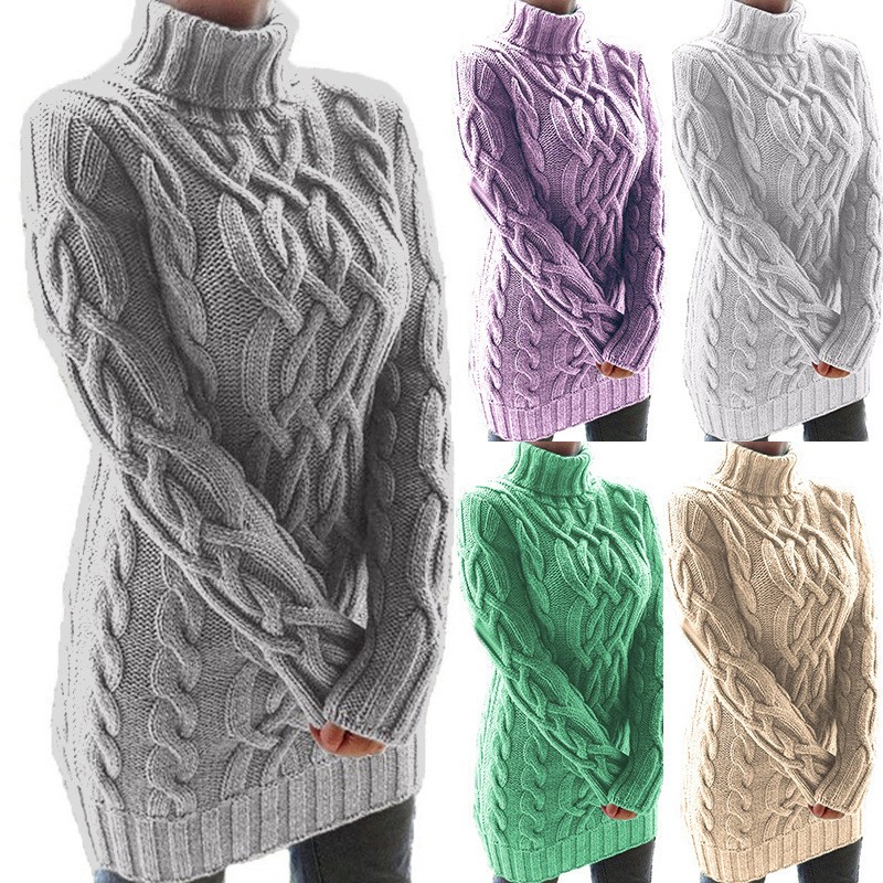 外贸毛衣女式针织衫欧美秋冬加厚两翻领复古粗线麻花连衣裙