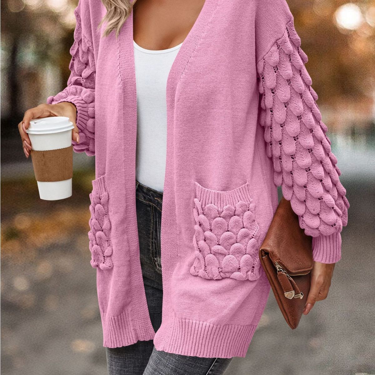 亚马逊新款 跨境春秋羽毛净色领开衫长袖针织口袋毛衣