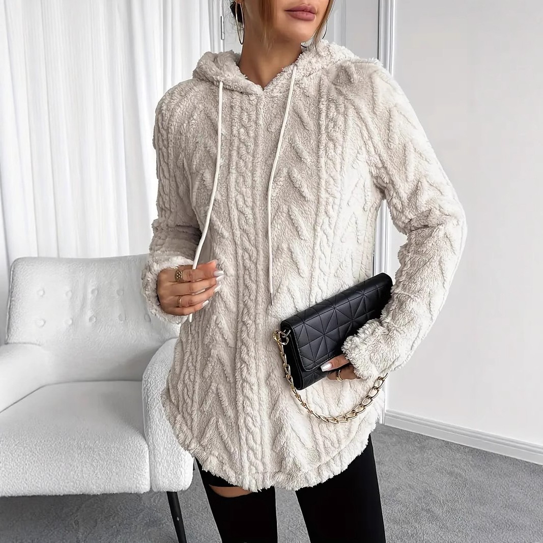 欧美跨境外贸女装纯色连帽提花长袖卫衣外套修身抽绳毛毛卫衣