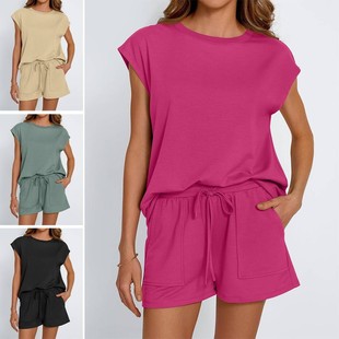 女 两件套套装 亚马逊欧美跨境外贸春夏新款 圆领宽松短袖