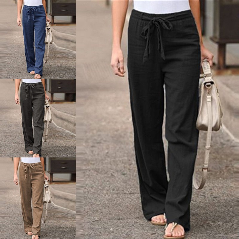 跨境女装速卖通夏季松紧腰纯色棉麻阔腿裤宽松长裤女