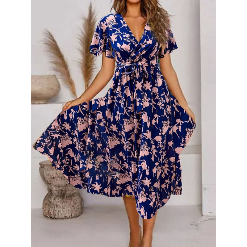 欧美亚马逊夏季新款女士领短袖印花收腰连衣裙女