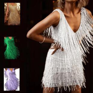 流苏裙 气质优雅性感深V吊带礼服连衣裙女 3629跨境外贸新款