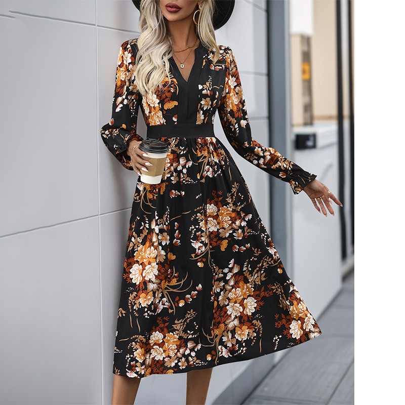 亚马逊独立站外贸热卖跨境女装欧美时尚印花中长款秋季连衣裙