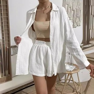 春夏时尚 女休闲宽松短裤 纯色长袖 套装 两件套 衬衫 跨境欧美女装