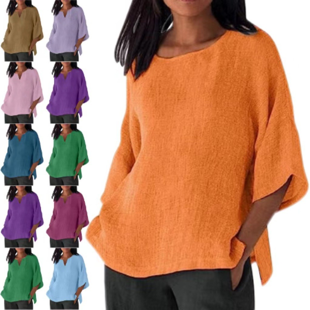 亚马逊新款外贸女装七分袖圆领棉麻衬衫上衣 色