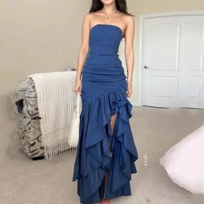 Solid color ruffle long skirt纯色时尚抹胸显瘦开叉荷叶边长裙