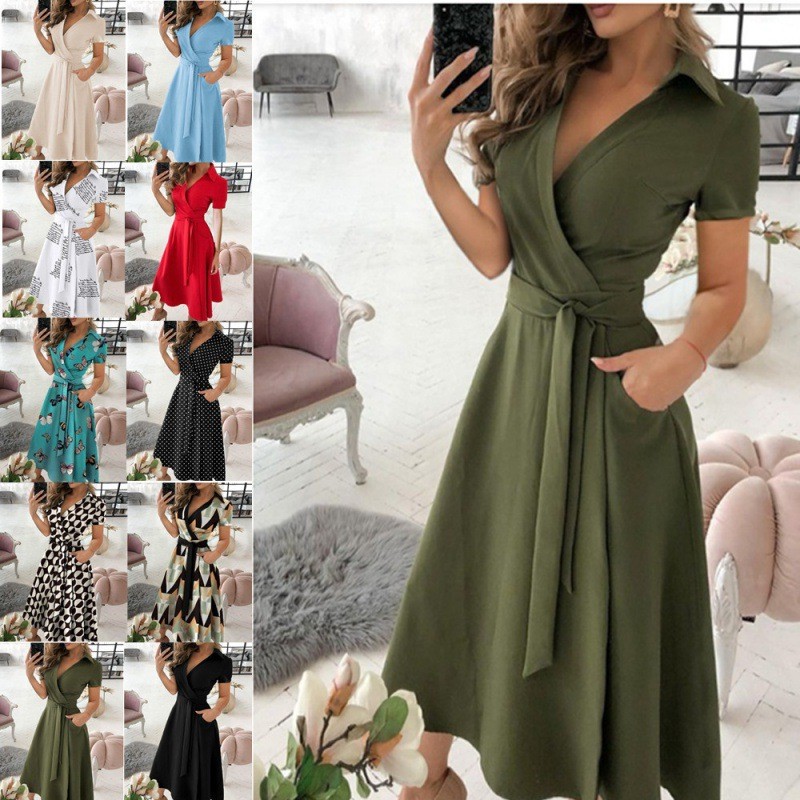 速卖通爆款 春夏时尚长袖领印花包臀连衣裙女装短袖