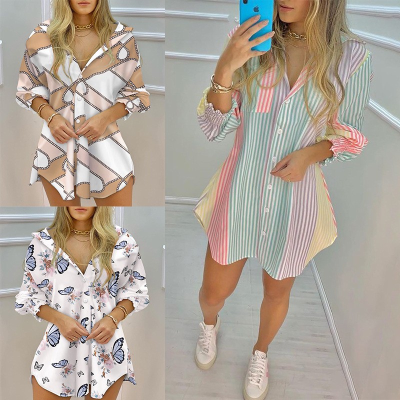 年夏秋新款亚马逊欧美跨境时尚印花女士长袖衬衣连衣裙 现货