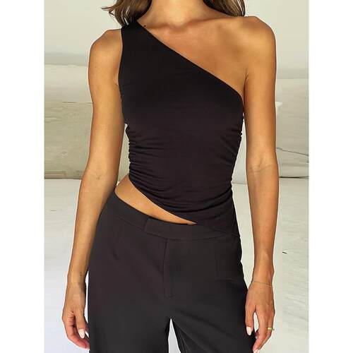 Sexy one-shoulder short halter strap top 单肩短款吊带背心女