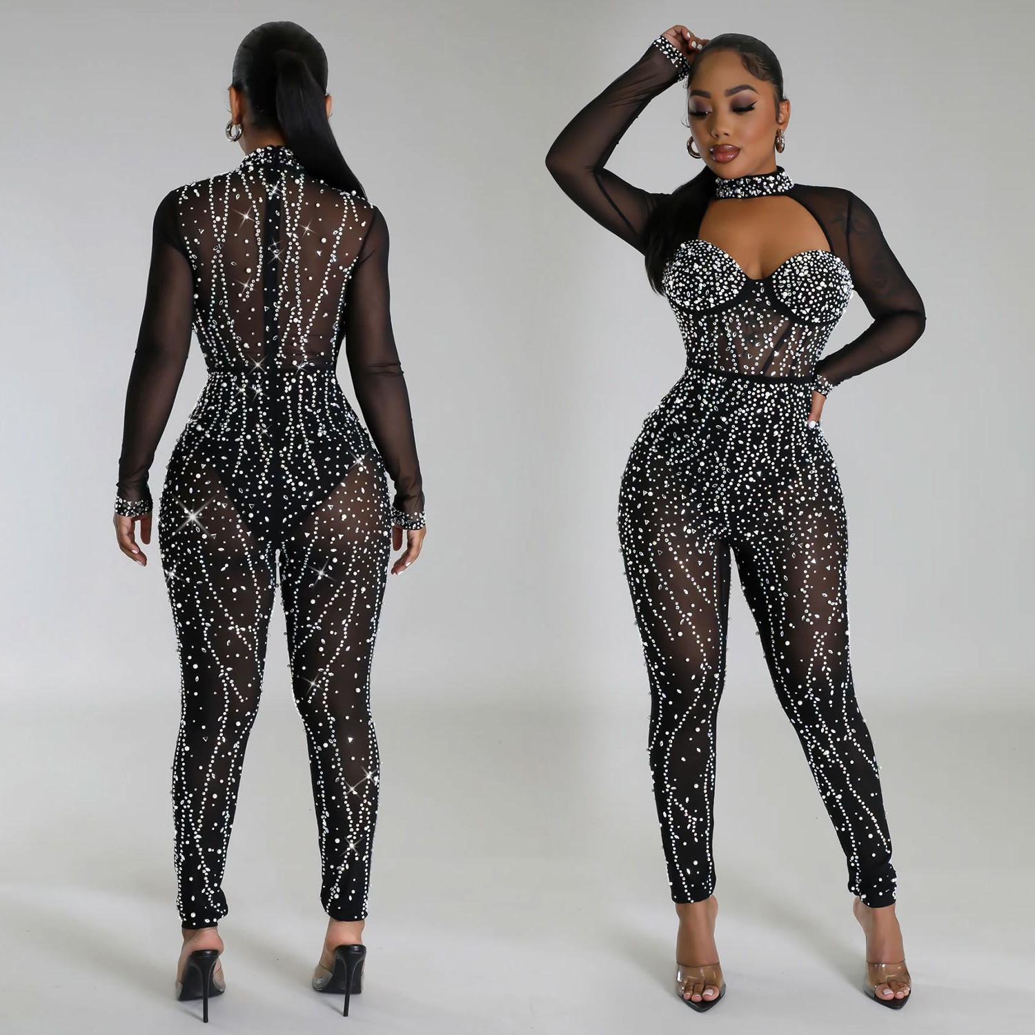 跨境速卖通亚马逊欧美时尚女装纯色网纱烫钻长袖长裤连体裤