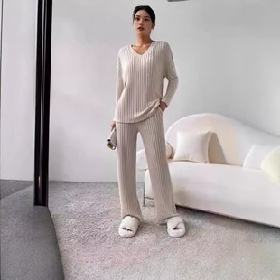 休闲直筒裤 时尚 气质宽松领时髦坑条 新款 跨境两件套女秋季
