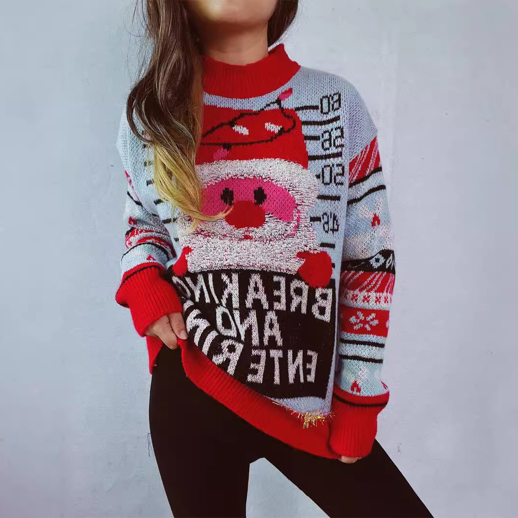 亚马逊秋冬圣诞老人刺绣金线跨境毛衣欧美外贸可爱套头圣诞毛衣女