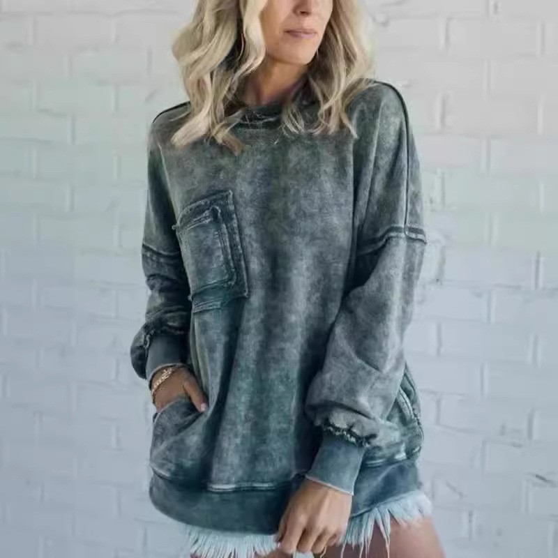 新款亚马逊独立站跨境欧美洗水棉感宽松休闲圆领卫衣恤女