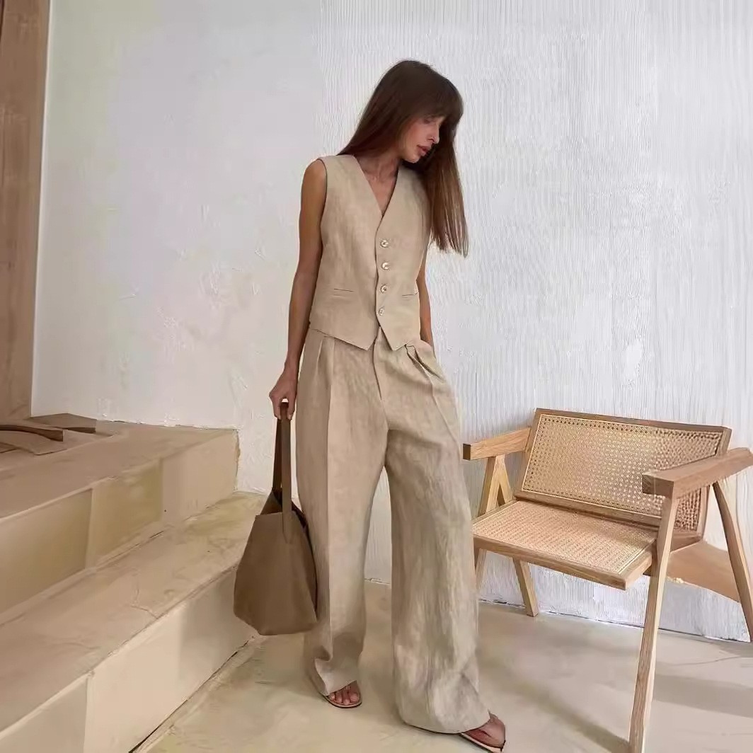 跨境马甲休闲裤两件套欧美春夏新款女时尚袖马甲低腰裤套装