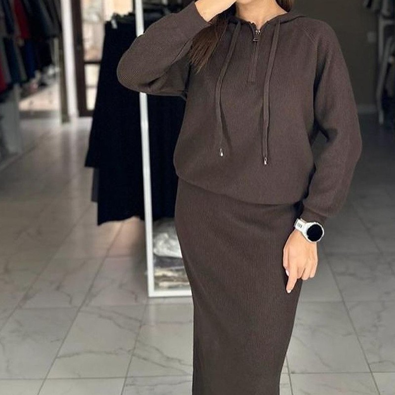 跨境欧美外贸女装秋季新款连帽卫衣时尚休闲半身裙针织毛衣裙