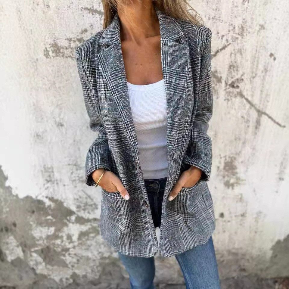独立站跨境欧美秋冬开衫外套女士休闲时尚复古千鸟格翻领西装,个性定制/设计服务/DIY,连衣裙加工定制,淘宝优惠券,粉丝福利购,淘宝优惠卷