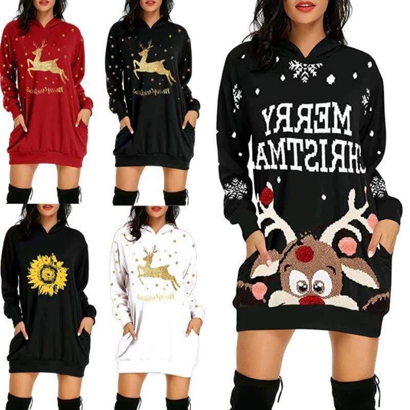 外贸平台亚马逊欧美爆款跨境圣诞节印花中长款口袋连帽长袖卫衣女