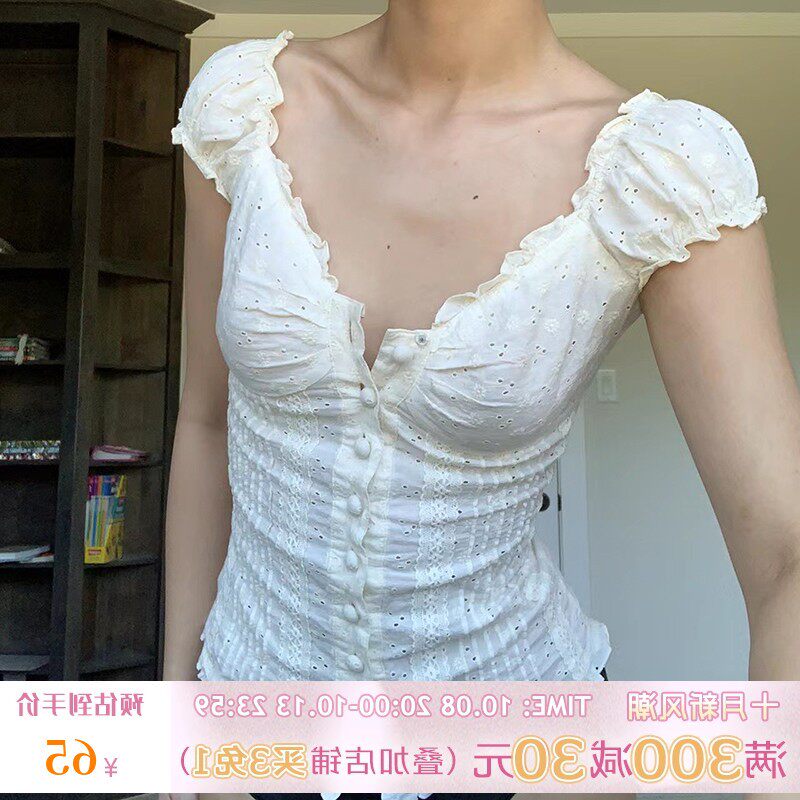 【芭蕾少女】法式宫廷提花低领排扣上衣 甜美泡泡袖T恤夏