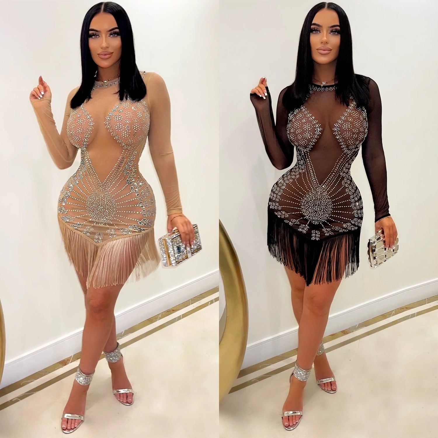 跨境夏季新品欧美女装时尚性感网纱烫钻流苏长袖女士连衣裙