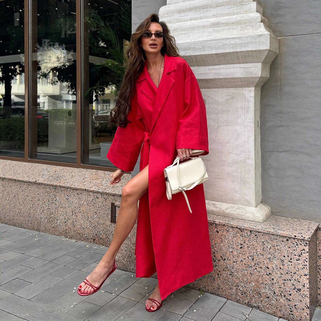 跨境棉麻连衣裙女欧美秋季新款慵懒休闲宽松长袍翻领系带长裙