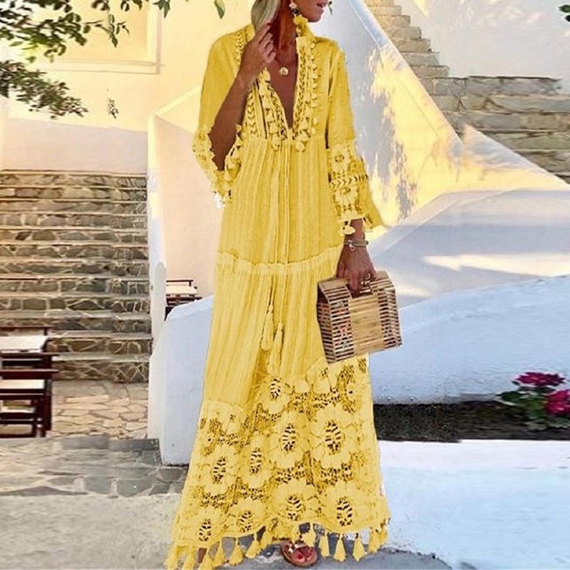 春夏季新款欧美风格蕾丝流苏拼接沙滩度假气质长裙连衣裙