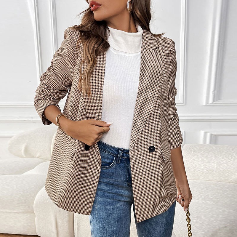 跨境外贸女式春秋新款休闲西装外套纽扣翻领长袖带口袋商务外套