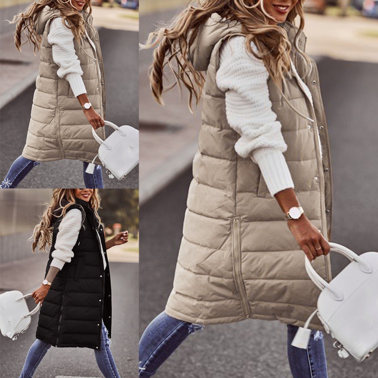 欧美纯色连帽单排扣中长款棉服马甲修身气质开衫外套上衣