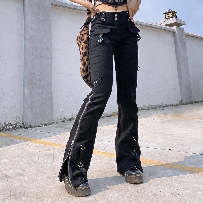 冬季新款欧美高街辣妹时尚女装喇叭裤低腰宽松阔腿牛仔裤女