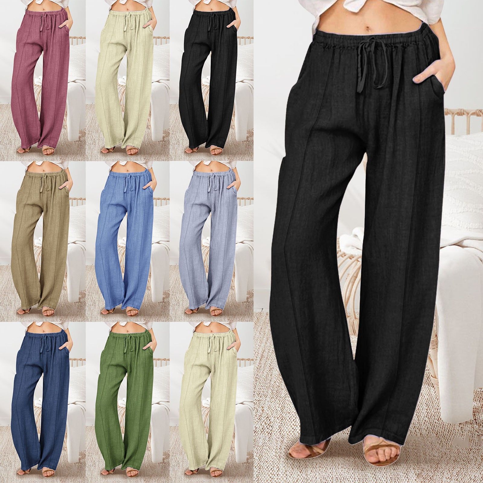跨境女装新款欧美亚马逊欧美大码宽松棉麻休闲长裤女