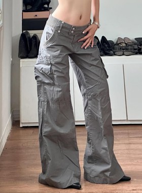 美式街头辣妹复古多口袋灰色工装裤宽松直筒褶皱低腰酷帅牛仔长裤