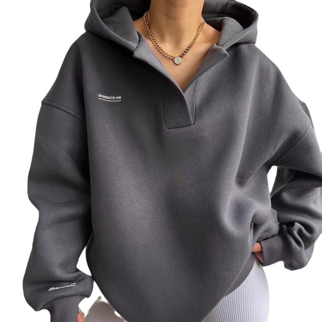 欧美跨境新款加绒连帽印花长袖基础百搭卫衣亚马逊领绒衫