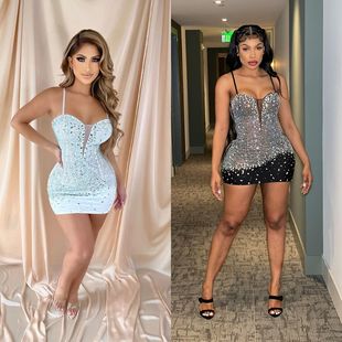 时尚 亚马逊欧美女装 性感吊带夜店烫钻连衣裙女 新品 跨境夏季