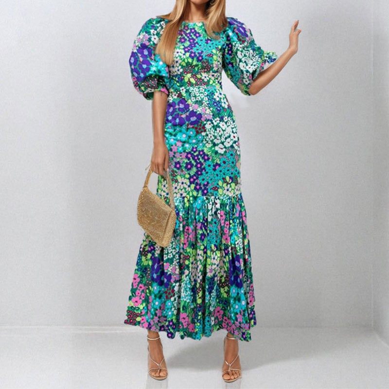 跨境春季亚马逊欧美女装新款气质灯笼袖印花包臀长款连衣裙,个性定制/设计服务/DIY,连衣裙加工定制,淘宝优惠券,粉丝福利购,淘宝优惠卷