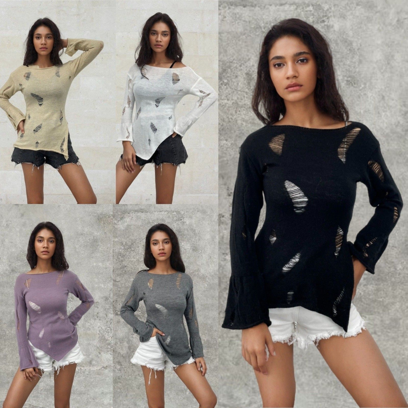 破洞毛衣镂空针织衫女年春秋欧美针织新款外贸开叉长袖上衣女