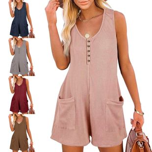 休闲扣子口袋背心连体裤 夏季 亚马逊热卖 跨境欧美女装 衣女 新款