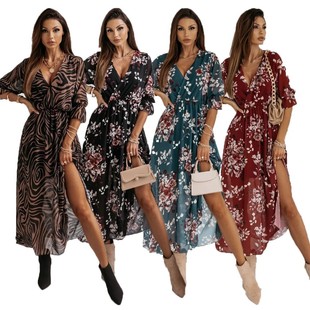 侧面开叉 独立站亚马逊 领修身 时尚 雪纺印花连衣裙 欧美女装