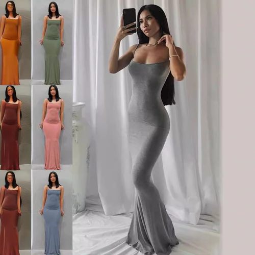 欧美卡戴珊纯色显瘦泰式辣妹修身吊带鱼尾居家休闲连衣裙