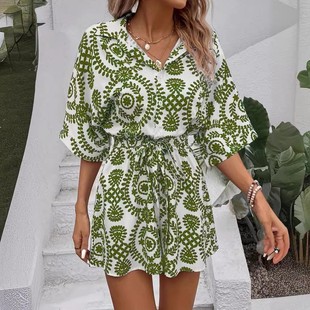 装 连身裤 印花领纽扣蝙蝠袖 短裤 休闲衬衫 现货欧美跨境爆品连体裤