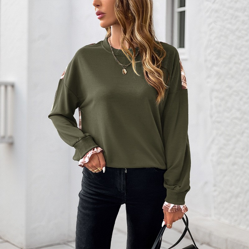 亚马逊年欧美跨境外贸秋季新款薄款格纹拼接圆领套头卫衣女