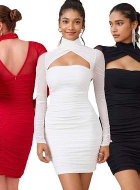 纯欲性感白色网纱连衣裙春夏设计感长袖领收腰显瘦包臀短裙