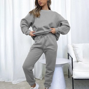 纯色圆领套头长裤 卫衣套装 女装 休闲长袖 时尚 亚马逊欧美春秋季