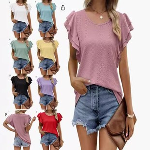 女士 夏季 双层荷叶边镂空长短袖 跨境欧美女装 恤 亚马逊新款