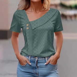 恤 独立站欧美跨境领扣子纯色宽松短袖 亚马逊夏季 新款