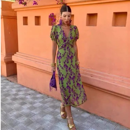 欧美时尚新款速卖通跨境爆款印花深领泡泡短袖连衣裙