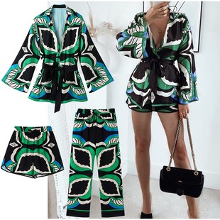 欧美风方领系带衬衫 女装 高腰休闲短裤 休闲裤 女 夏季 套装 新款