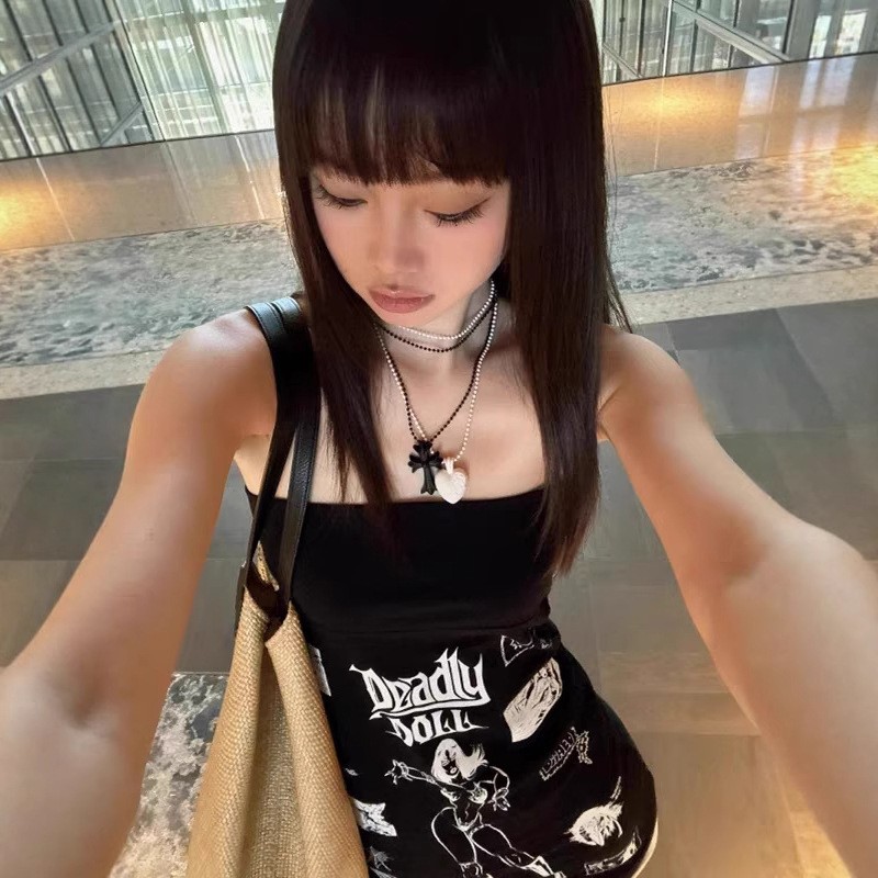 ~美式漫画风印花抹胸连体短裤 复古修身显瘦辣妹超短裤
