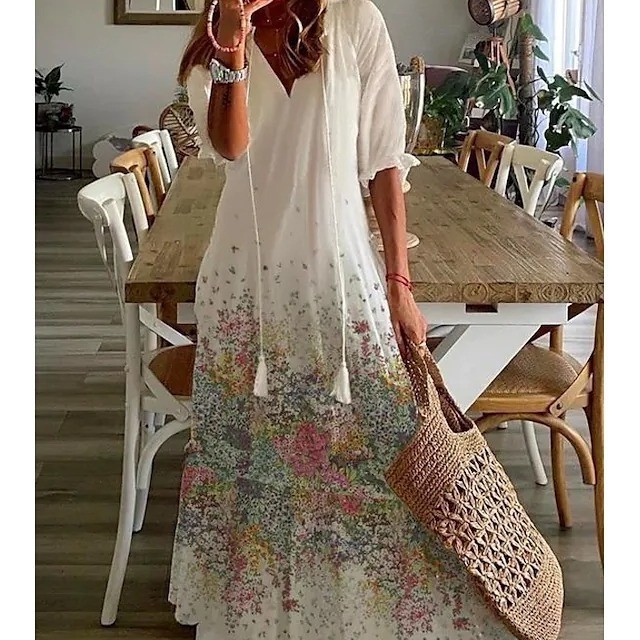 欧美跨境热卖 休闲甜美宽松领印花吊须中袖长款连衣裙女现货